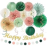 Sage-Green Pink-Gold Boho-Rustic Birthday Party-Decorations - 21pcs Happy Banner,Olive Retro Beige Paper Lanterns Pom Poms,Neutral Streamers Garland,Women Girls Decor Supplies Huglony