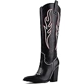 Celbreez Cowboy Boots for Women Cowgirl Boots Women Suede Knee High Boots Rhinestones Embroidered Western Boots Pointed Toe Chunky Heel Side Zip Festival Country Concert Shoes