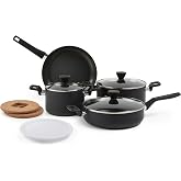 Amazon Basics 10 -Piece Hard Anodized Non-stick Stackable Cookware Set, Oven Safe, Dishwasher Safe, Stay-Cool Handles, Space Saving, Black