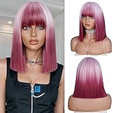 Elvirgel Bob Wigs with Bangs for Black Women Natural Looking Pink Wig Shoulder-Length Synthetic Heat Resistant Wigs for Daily Party Costume Halloween