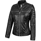 J'Jackin Womens Cafe Racer Leather Jacket - Real Lambskin Stand Collar Motorcycle Style Leather Jackets For Women
