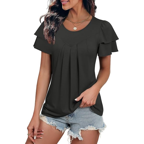 Wadyob Women's Tunic Tops Basic Solid Color Patchwork Pleated Short
