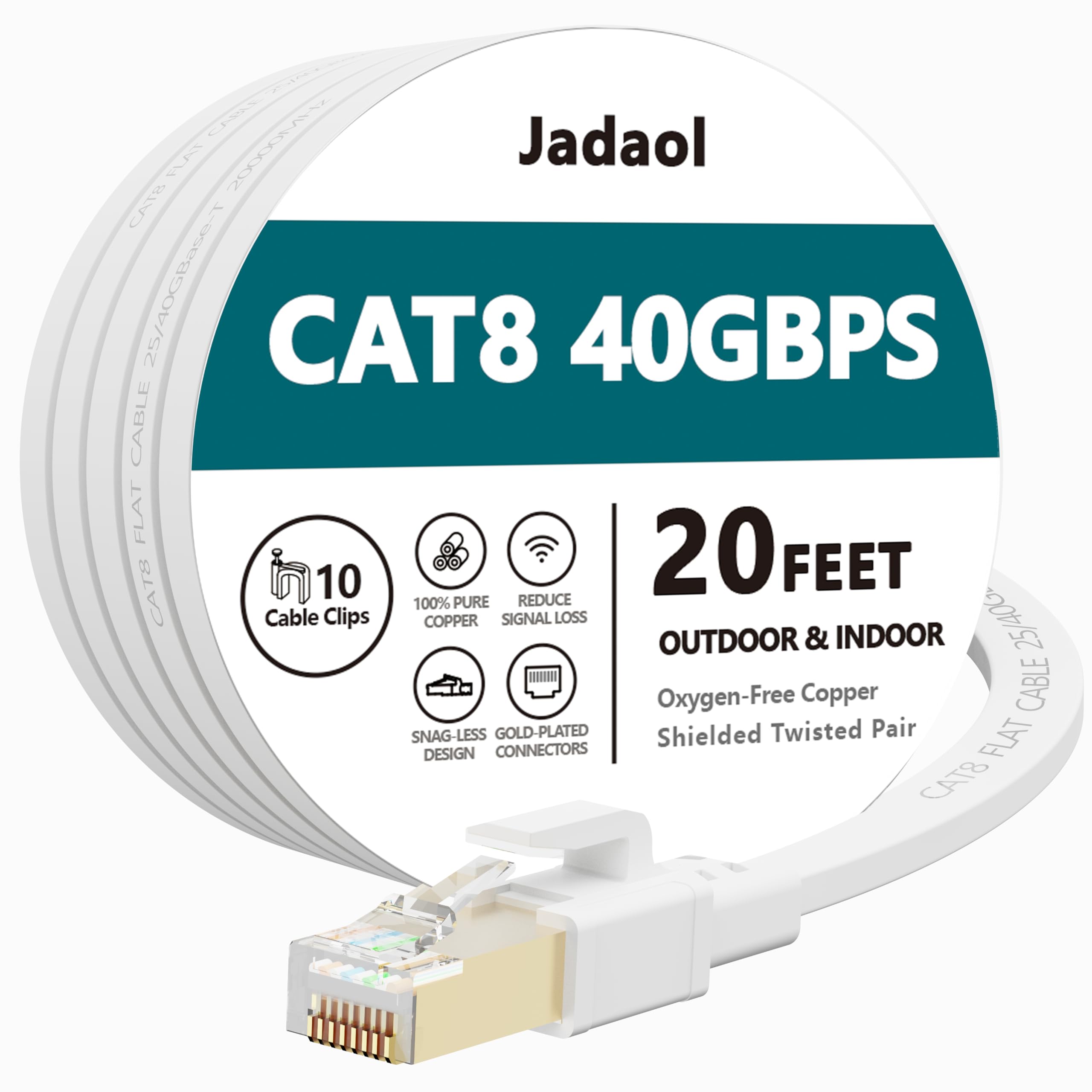 Photo 1 of Cat8 Ethernet Cable, Outdoor&Indoor, 20 FT Heavy Duty High Speed Cat 8 LAN Network Cable, 40Gbps 2000MHz RJ45 Flat Internet Computer Patch Cord, Weatherproof S/FTP UV Resistant for Router/Modem/Gaming