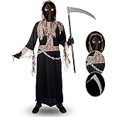 Grim Reaper Costume for Kids,Deluxe Halloween Costume with Glowing Red Eyes,Chain,Scythe Included