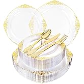 Joyido 125PCS Clear Plastic Plates - Fancy Clear Gold Disposable Plates Include 25 Dinner Plates, 25 Dessert Plates, 75 Gold Plastic Silverware for 25 Guests for Wedding & Party