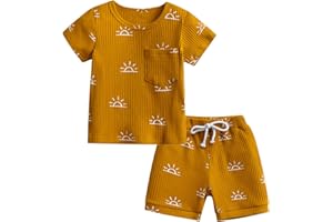 Infant Baby Boys Clothes Toddler Sun Print Short Sleeve Knitted Ribbed Top T-Shirt Drawstring Shorts 2Pcs Outfit Set
