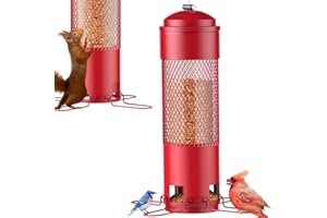 LCSEVEN Bird Feeders for Outdoors Squirrel Proof with Weight-Activated Perches, Hanging Bird Feeder for Outside, Metal Feeder for Wild Birds, Finch, Blue Jay, Chickadee, 3LB Seed Capacity, Red