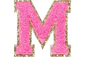 WISH YOUNG 3Pcs Chenille Letter Patches Iron on Patches Glitter Varsity Letter Patches Embroidered Patch Gold Border Sew On Patches for Clothing Hat Shirt Bag (Rose, M)