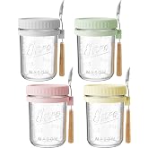 16oz Glass Overnight Oats Containers with Lids &amp; Spoons, 4 Pack MultiColor | Wide Mouth Glass Jars with Airtight Lids, Perfect for Chia Pudding, Yogurt, Salad &amp; Cereal Meal Prep Storage, Food Safe