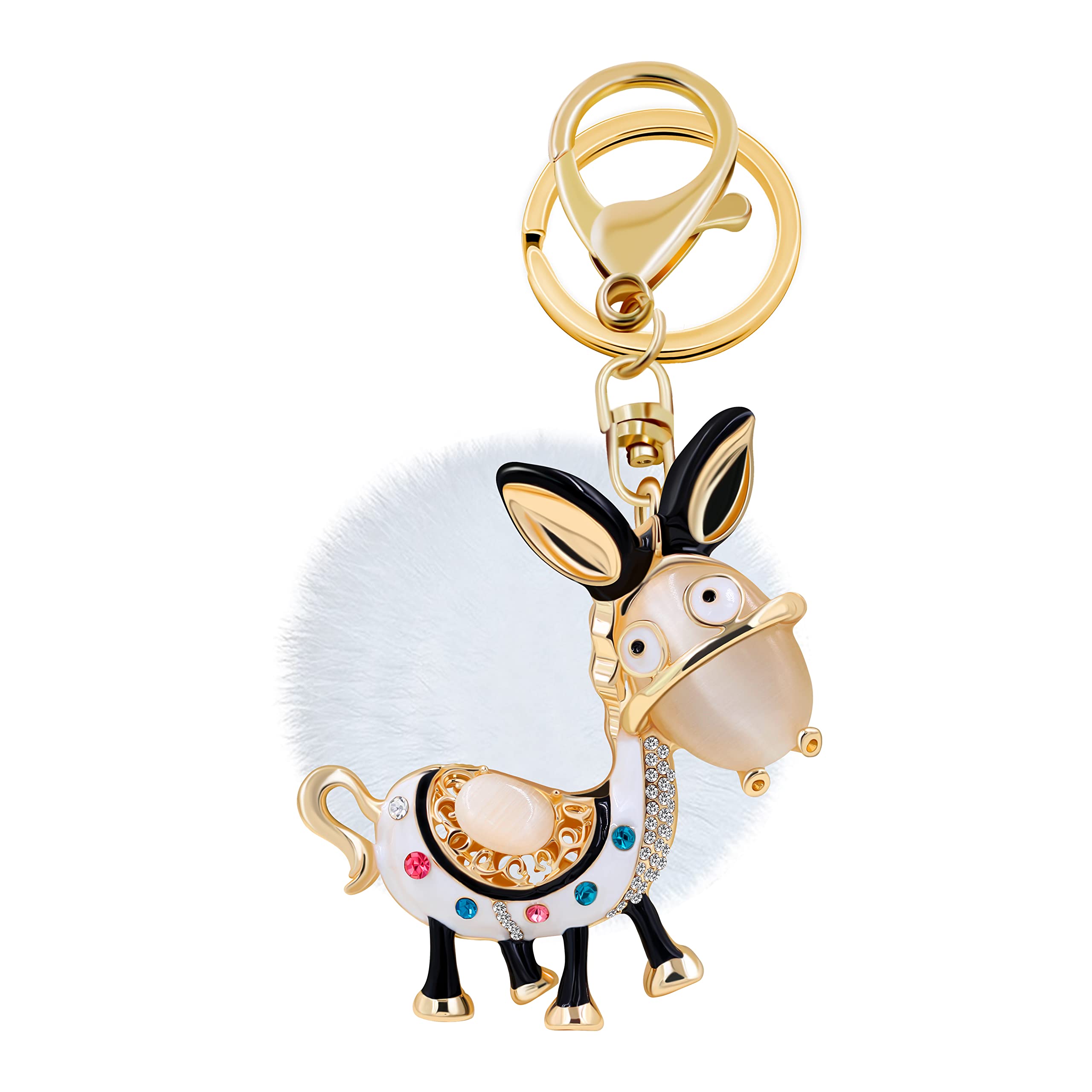 Uloveido Animal Car Keychains for Girls Women with White Fur Ball (Donkey-Black Ears)