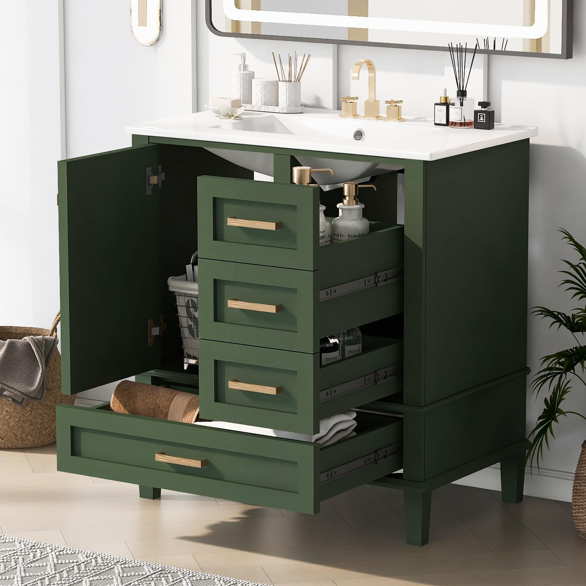 Photo 1 of Linique 30" Modern Bathroom Vanity with Sink Combo Set, Solid Wood Frame Bathroom Storage Cabinet with a Soft Closing Door and 3 Drawers, Green