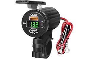 Motorcycle Handlebar USB Charger with LED Voltmeter & ON/Off Switch, Dirt Bike Dual PD3.0 & QC3.0 USB 3 Ports Socket, ATV Wat