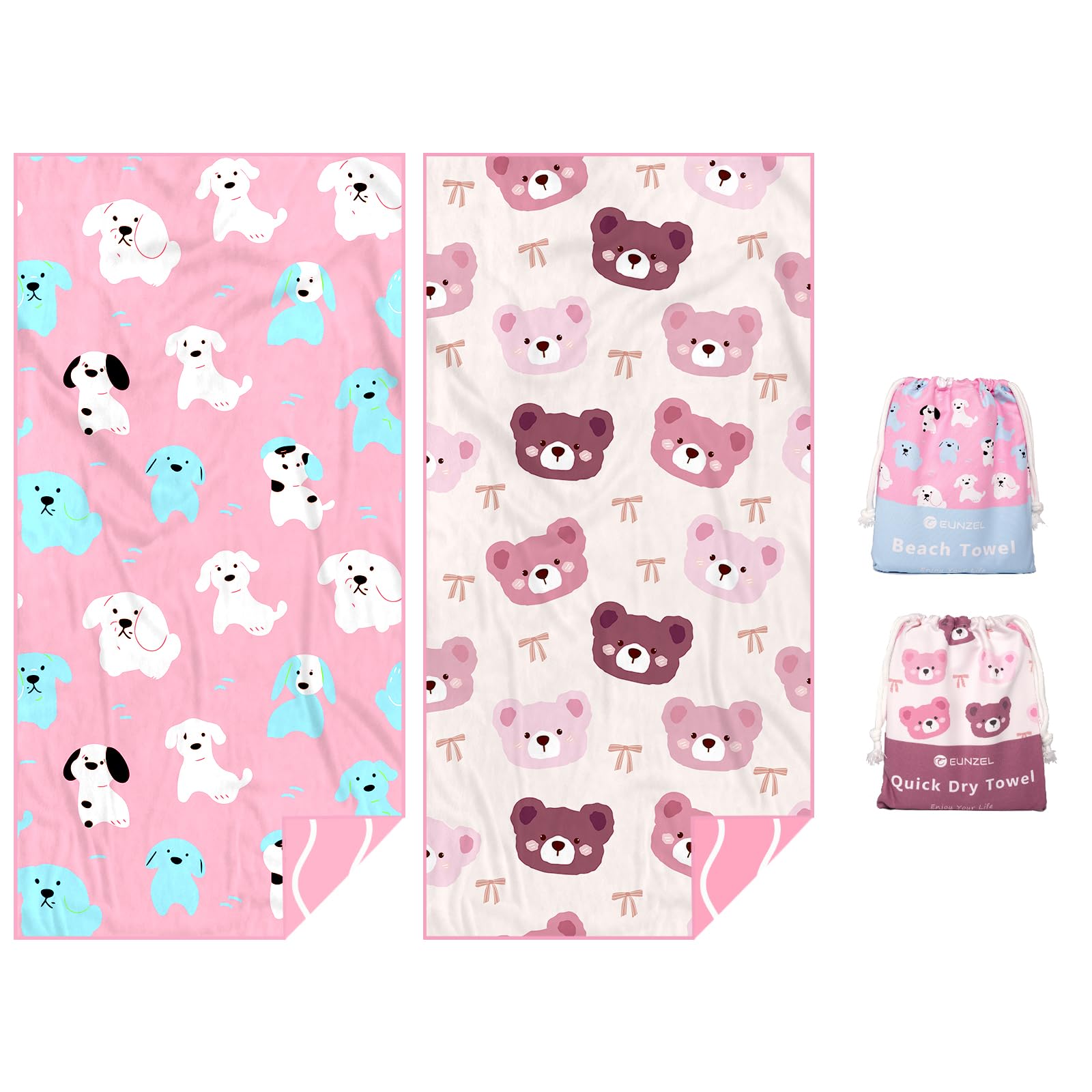 Photo 1 of Eunzel 2 Pack Microfiber Kids Beach Towel, Quick Dry Towels for Girls & Boys Sand Free Travel Towel for Beach, Camping, Swim Pool 60"x30"?Bear& Dog