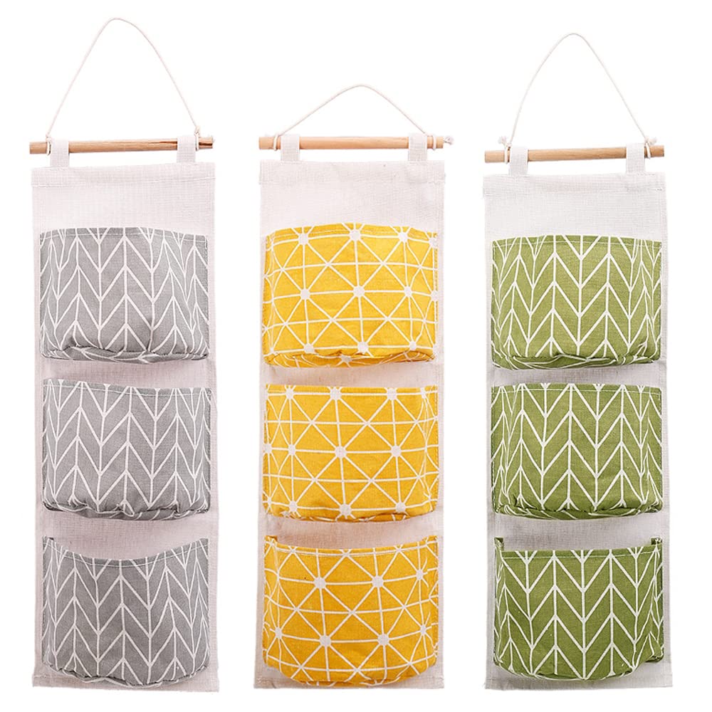 DOULEIN Wall Closet Hanging Storage Bag, 3 Pcs Waterproof Over The Door Closet Organizer Linen Fabric Hanging Pocket Organizer with 3 Pockets for Bedroom, Bathroom