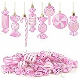 Leyndo 24 Pcs Christmas Candy Hanging Ornament Candy Cane Peppermint Lollipop Decor Glitter Ornament for Home Christmas Tree Party Favor Decoration(Pink)
