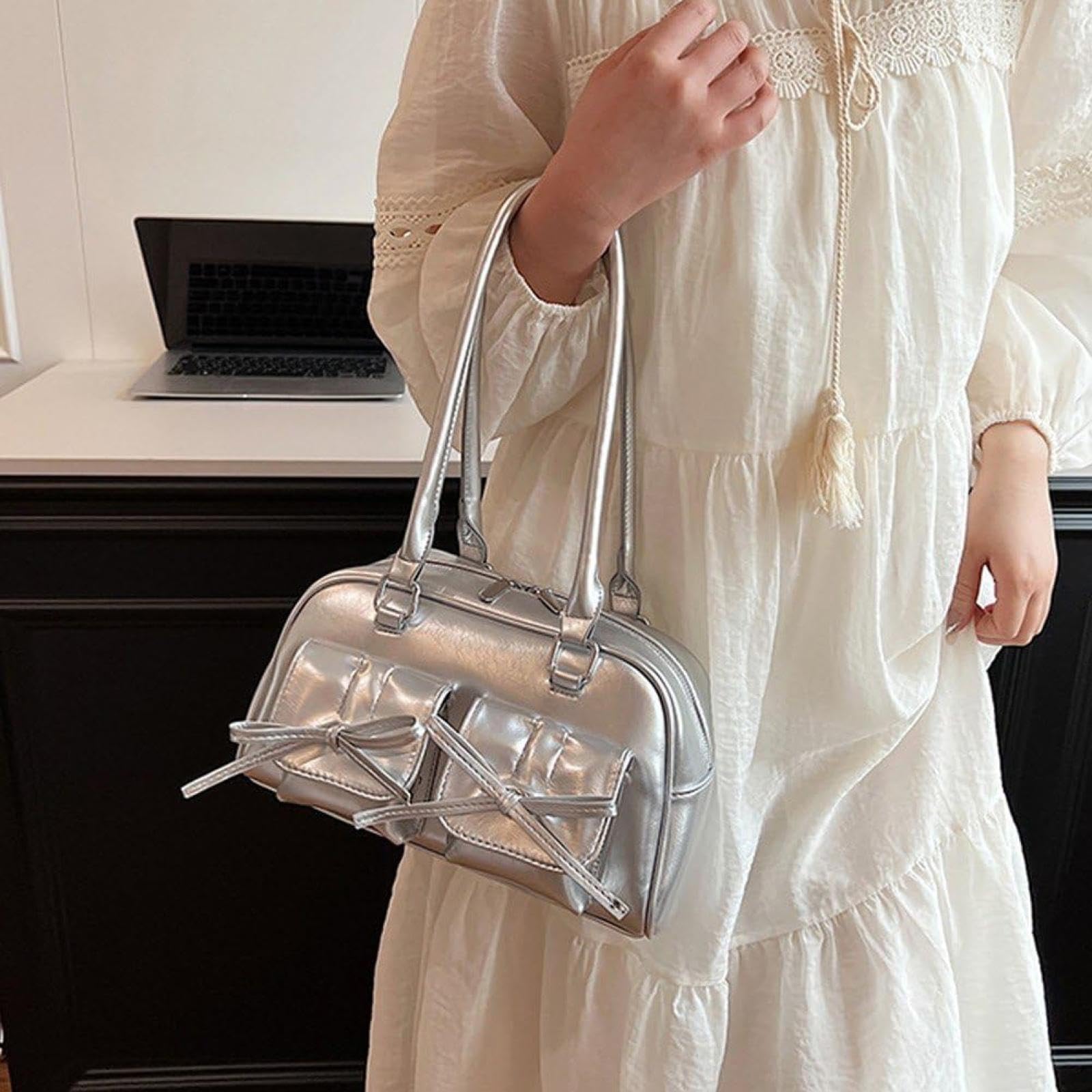 Y2K Women's PU Leather Handbag, Bowknot, Cute, Shoulder Bag, Handbag, Lightweight, Stylish, Silver