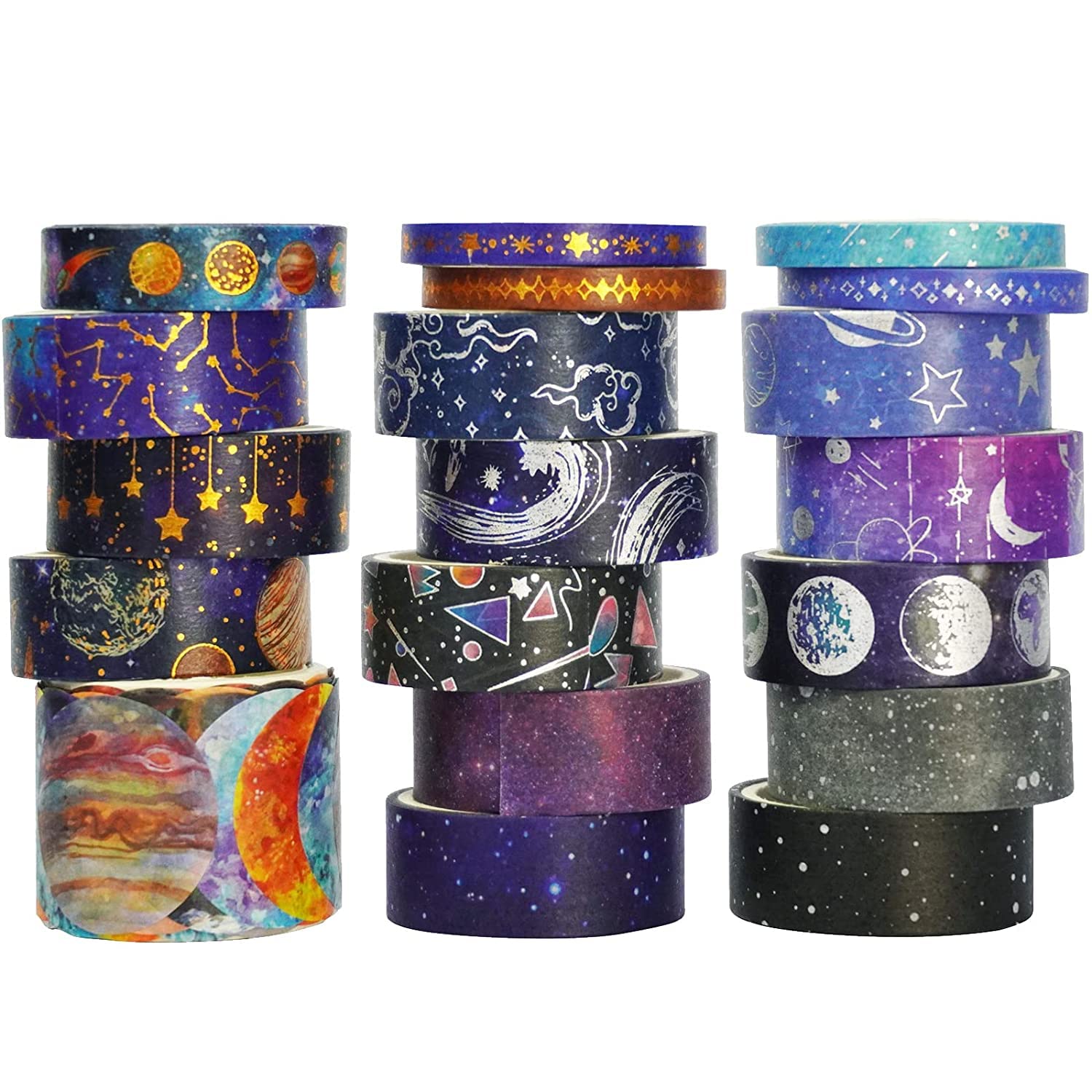 YUBX Galaxy Washi Tape Set Starry Gold Silver Foil Decorative Tapes for Arts, DIY Crafts, Journals, Planners, Scrapbook, Wrapping (Universe 19 Rolls)