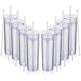 Volhoply 16oz Plastic Skinny Tumbler with Lid and Straw Bulk 8 Pack,Insulated Double Wall BPA Free Matte Acrylic Tumblers,Iced Coffee Travel Mug Reusable Party Cup,Customizable Diy Gifts(Clear,8 Set)