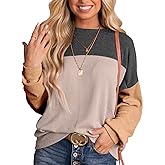 Ivicoer Womens Color Block Pullover Shirts Ribbed Long Sleeve Tops Fall Casual Loose Sweatshirts Fashion