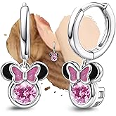 Generic Hoop Earrings for Girls Cute - Sterling Silver Huggie Earrings with Pink Cubic Zirconia Dangle Hypoallergenic Mouse Earrings Hoops for Women Teens Jewelry Gifts