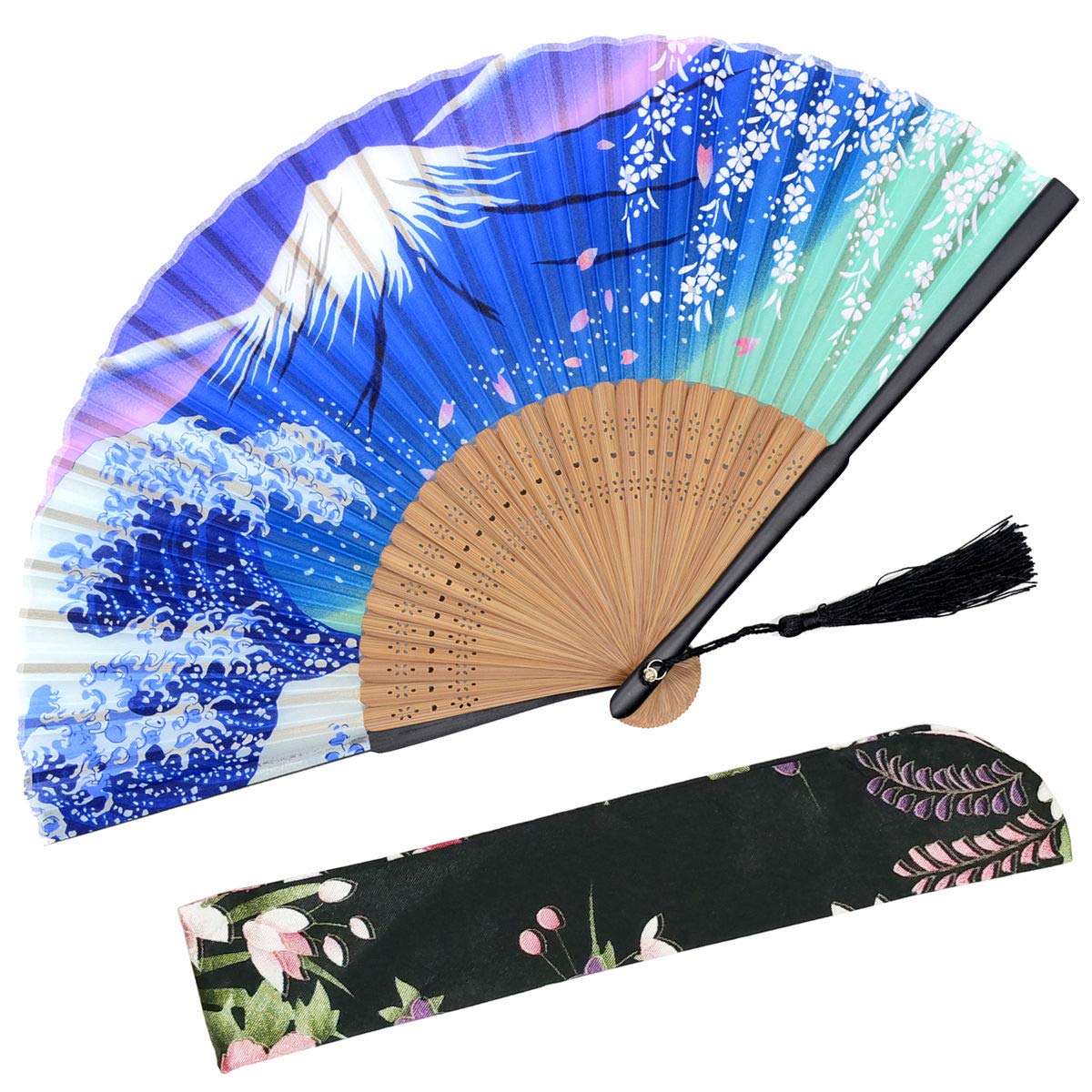 OMyTea "Night Fuji" Folding Hand Held Fan for Women - With a Fabric Sleeve for Protection - Chinese/Japanese Vintage Retro Style for Wedding, Dancing, Church, Party, Gifts