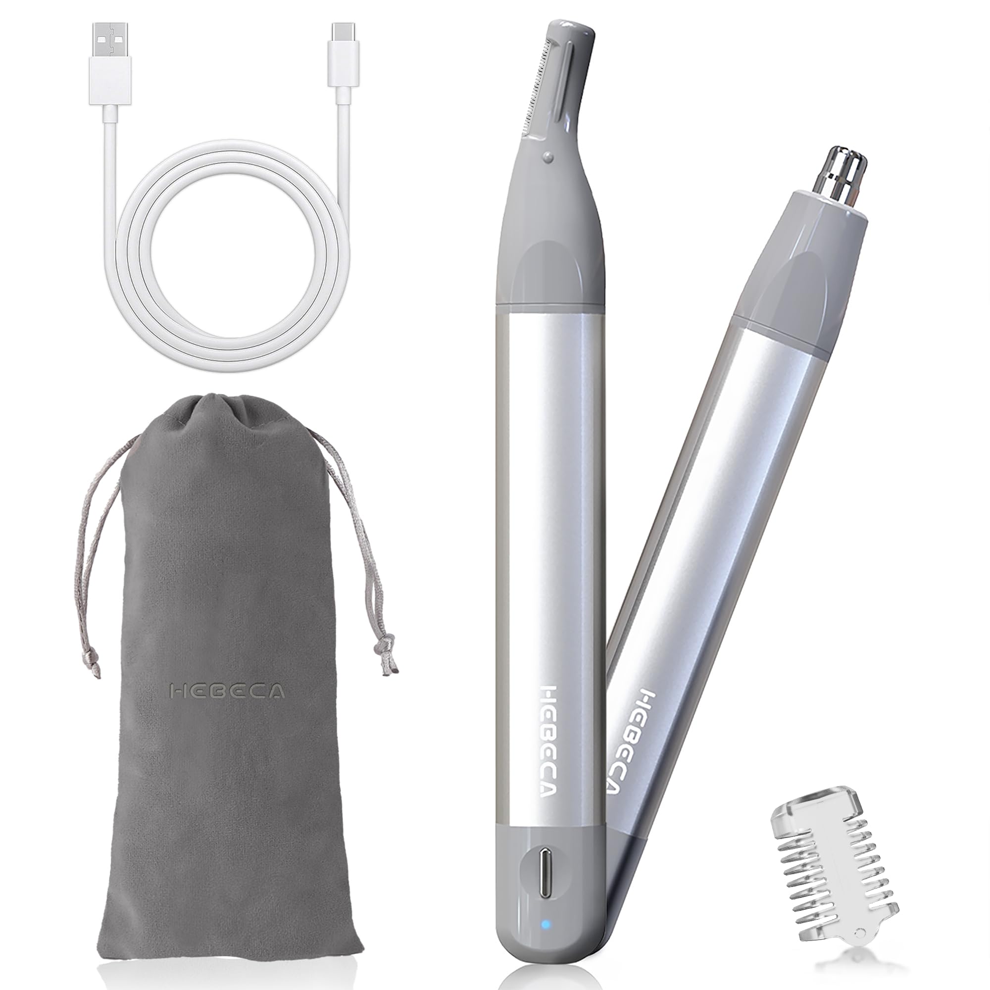 HEBECA Nose Hair Trimmer for Women Men - Facial Hair Removal for Women - 2 in1 Nose Trimmer Eyebrow Razor Waterproof Portable Rechargeable (Silver)