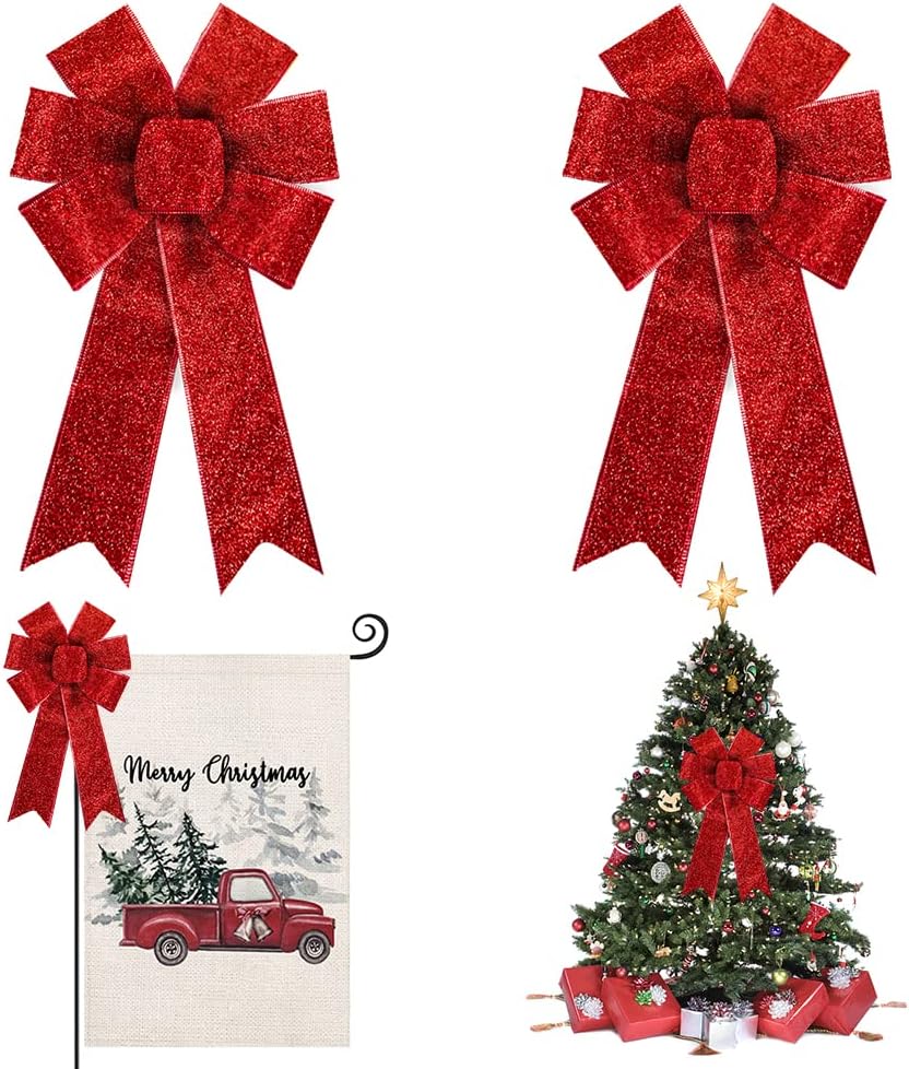 Bows & Ribbons - Hying 2PCS Christmas Bows for Wreath, Red Velvet Wreath Bows for Christmas Décor Glitter Winter Red Bows for Front Door Indoor Outdoor Wall Tree Topper Decoration Supplies Christmas Ornament