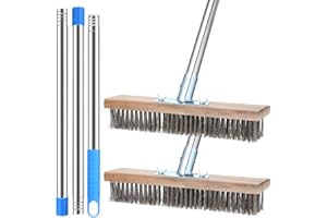 FillTouch Set of 2 Deck Brush with Handle 5.25 ft Long 2 Pcs Stainless Steel Deck Wire Brush Concrete Brush Stiff Bristle Broom for Cleaning Scrubbing Removing Rough Surface Stain on Pool Garage Patio