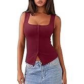 REORIA Women's Sexy Ribbed Button Down Square Neck Tank Tops Trendy Y2K 2026 Summer Sleeveless Going Out Vest Crop Tops