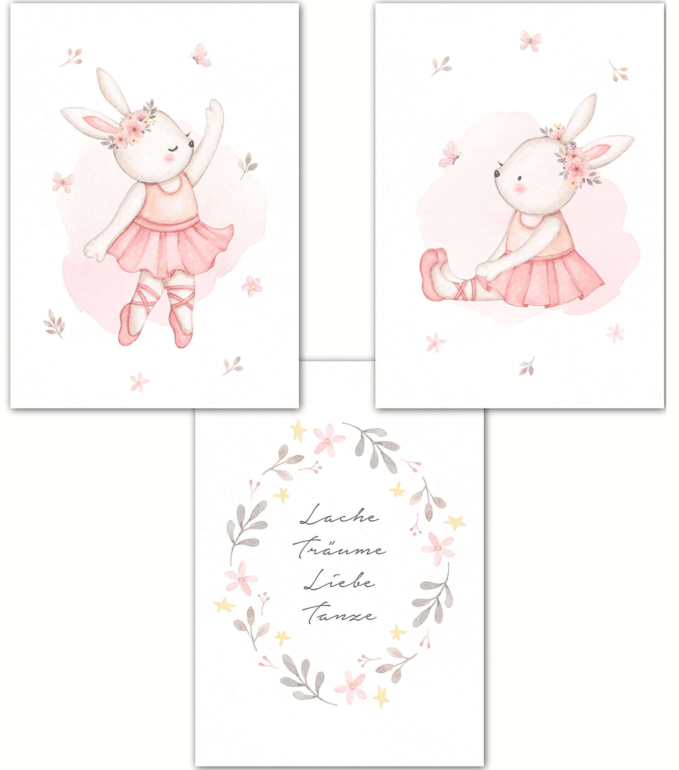 Lemmami Papeterie Set of 3 Boho Decorative Wall Pictures Nursery Baby Room Poster Pictures Girls Boys (Pink Ballet Rabbit Ballerina)