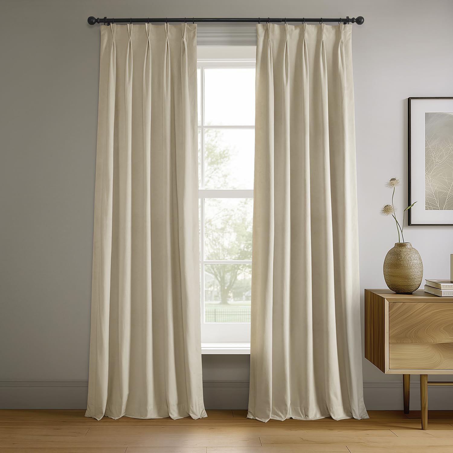 HPD Half Price Drapes Velvet Blackout Curtains/Drapes - 84 Inches Long 1 Panel Blackout Curtain Signature Pleated for Living Room & Bedroom - 25W X 84L, Ecru