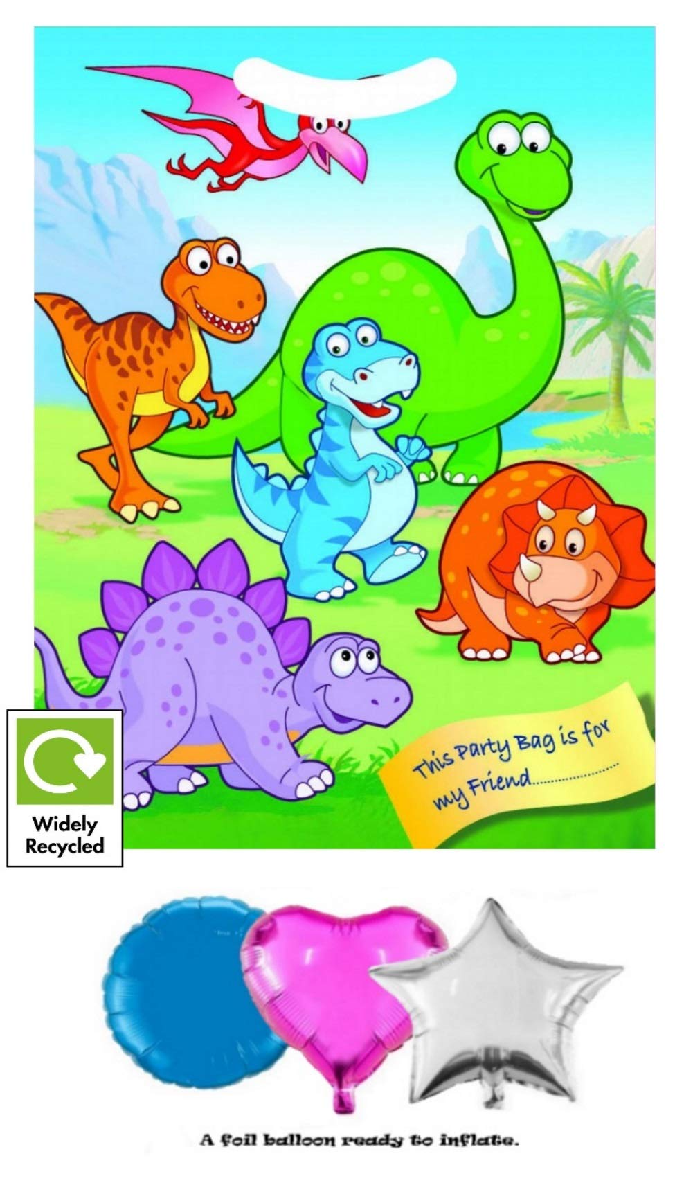 x20 LITTLE DINOSAUR BIRTHDAY PARTY GOODIE BAGS - RECYCLABLE PLASTIC CELLO LOOT TREAT GIFT BAG -INCLUDES FOIL BALLOON-