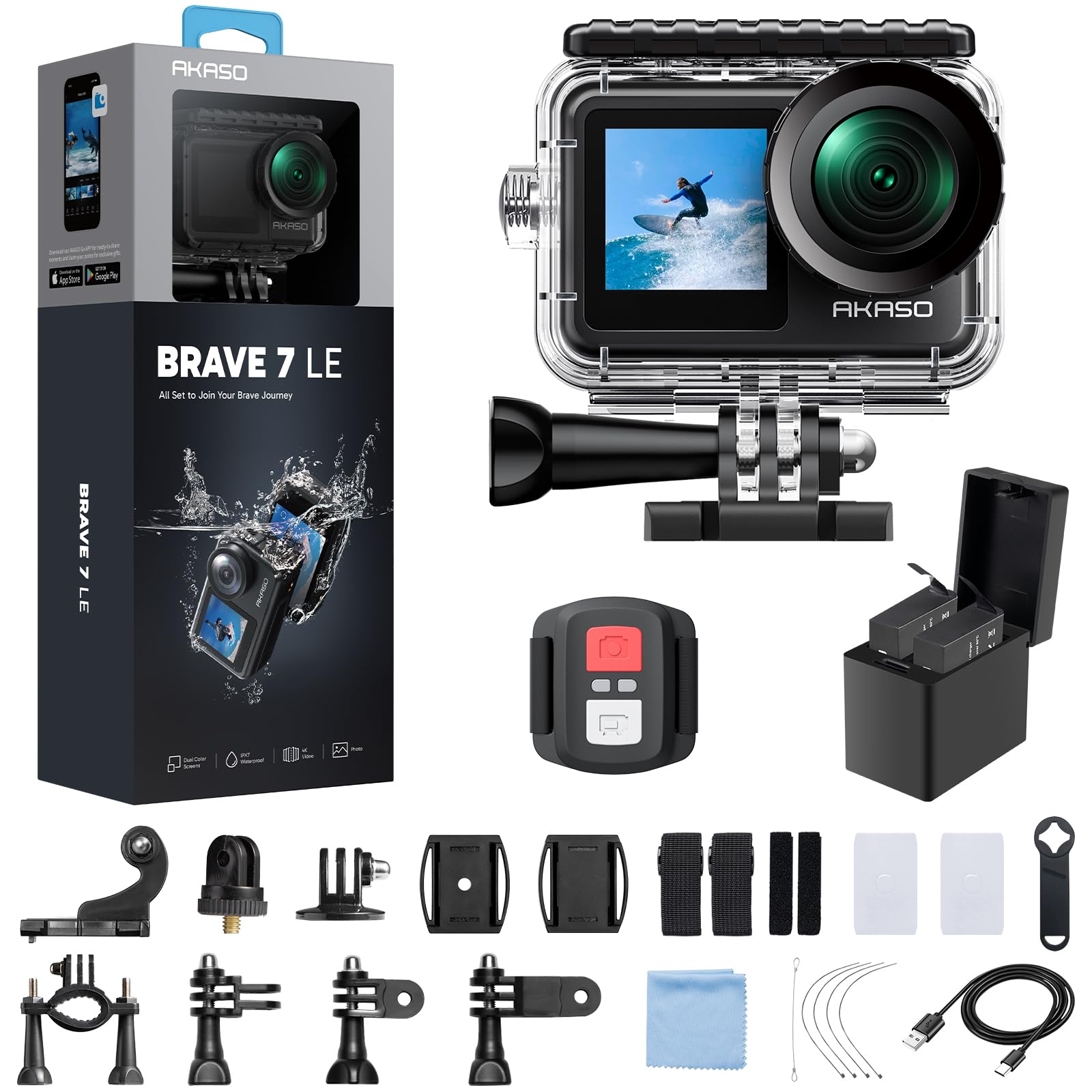 AKASO Brave 7 LE 4K30FPS 20MP WiFi Action Camera with Touch Screen EIS 2.0 Zoom Remote Control 131 Feet Underwater Camera with 2X 1350mAh Batteries Support External Microphone Vlog Camera