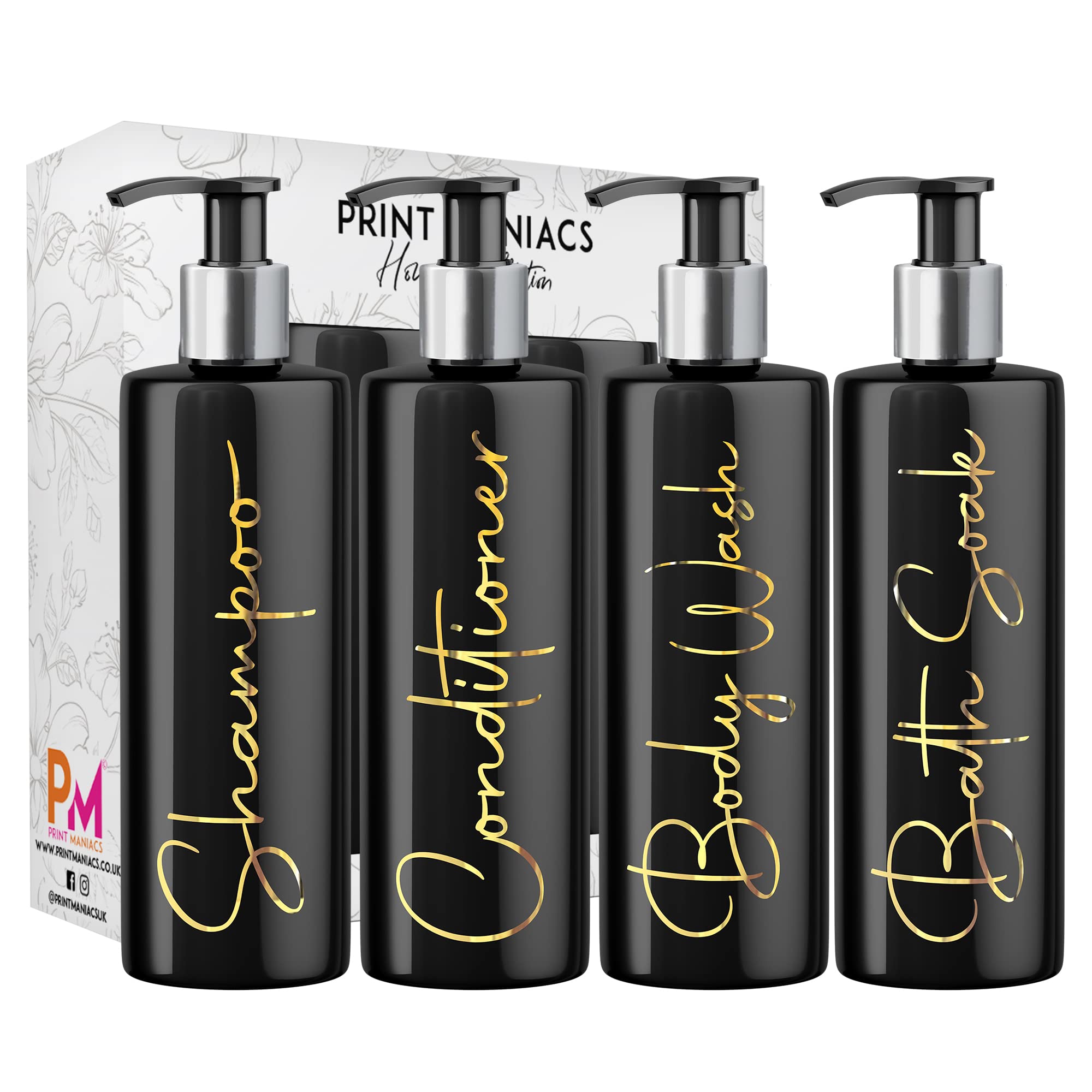 Print Maniacs Mrs Hinch Inspired Black Personalised Dispenser Silver Pump Bottles Set 4 (GOLD, F2)
