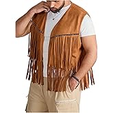 BEAUDRM Men's Big and Tall Fringe Hem Sleeveless Vest Jacket 70s Hippie Faux Suede Western Cowboy Vest Waistcoat