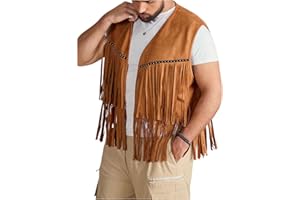 Men's Big and Tall Vest Jacket Fringe 70s Hippie Faux Suede Western Cowboy Vest Waistcoat