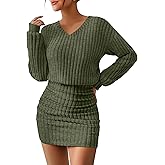 Oakgarden Women's Pullover Sweater Dress Long Lantern Sleeve Ribbed Knit V Neck Ruched Bodycon Mini Dress 2025 Fashion(Army Green,Small)