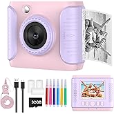 Kids Instant Print Camera,Christmas Birthday Gifts for Girls and Boys,1080P HD Video Digital Kids Camera with Print Paper&32G Card,Toddler Toy for 3-14 Years Old (Pink)