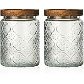 Snminetal Vintage Glass Kitchen Storage Counter Jar, Kitchen and Pantry Glass Storage, with Airtight Wood Lid for Cookies, Candy, Coffee Tea Beans, Grains,Food Storage Containers (plum-pattern*2)