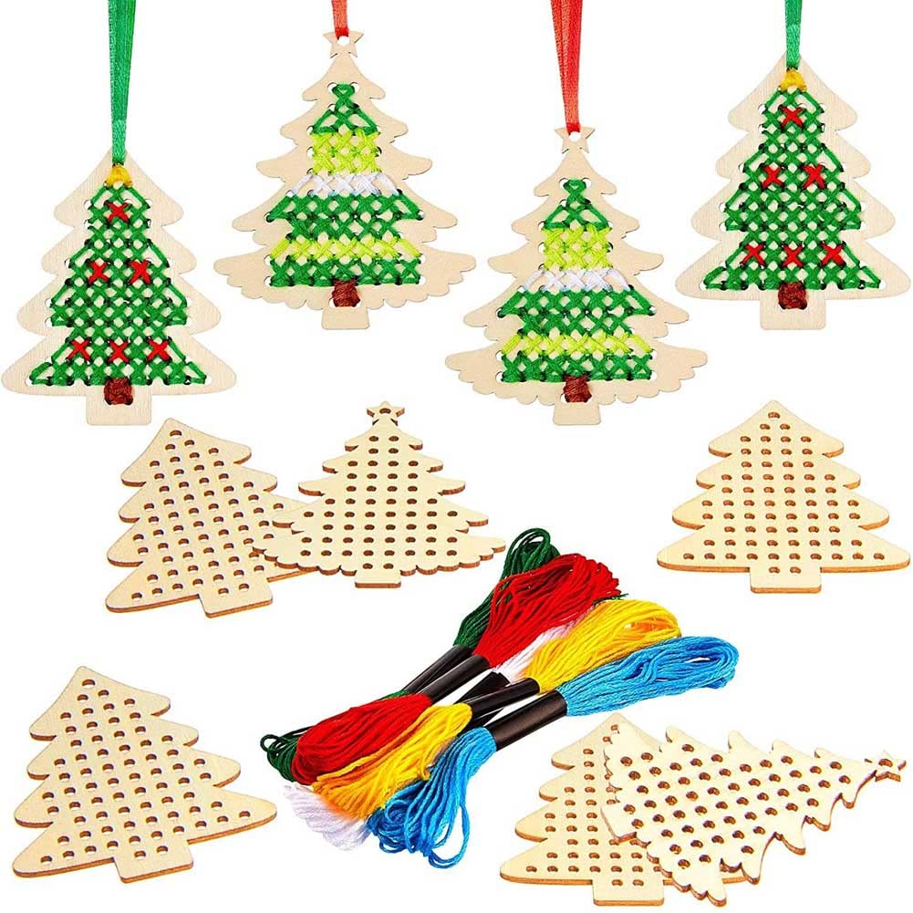 Photo 1 of 10 pcs Christmas Wooden Cross Stitch Kits Cross Stitch Wood Ornaments Christmas Hanging Decors Craft Christmas Decorations for Christmas Tree Decoration Supplies (Tree Style)