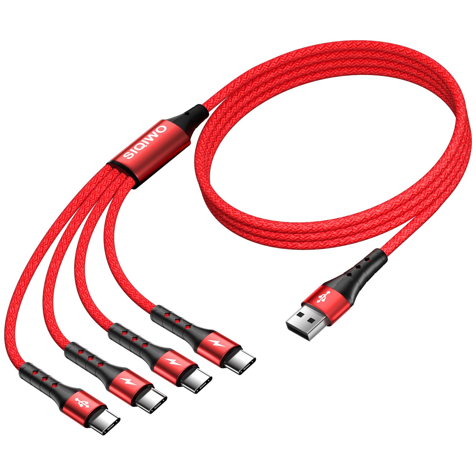 SIQIWO USB C Cable Fast Charging 1.2M, Braided QC 3.0(3A) Multi USB C Splitter Cord with 4 USB Type C Connectors, for iPhone 17/16/15, Android Galaxy S25 S24 A20e, Huawei, Xiaomi, Sony, Switch Red