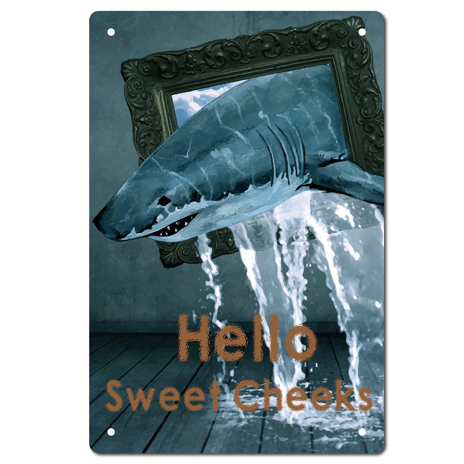 CREATCABIN Hello Sweet Cheeks Sign Shark Vintage Tin Signs Funny Metal Tin Sign Wall Art Garden House Plaque for Bathroom Kitchen Cafe Wall Halloween Christmas Decor 8 x 12 Inch