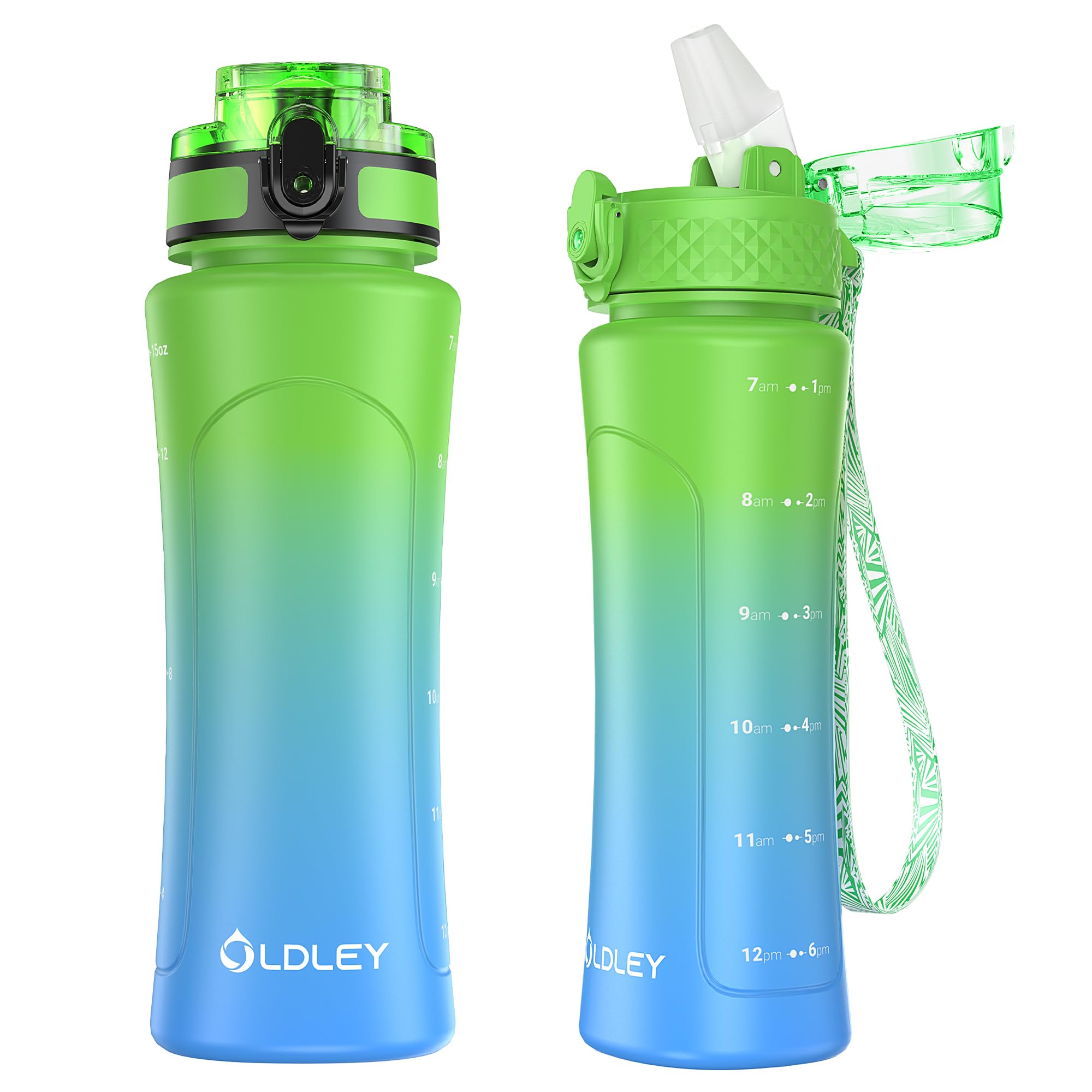 OLDLEY 450ml/15oz Water Bottle with Straw 2 Lids Reusable Drink Bottles with Times Markings for School Home Camping Outdoor Sports BPA Free Leakproof Durable — image 1