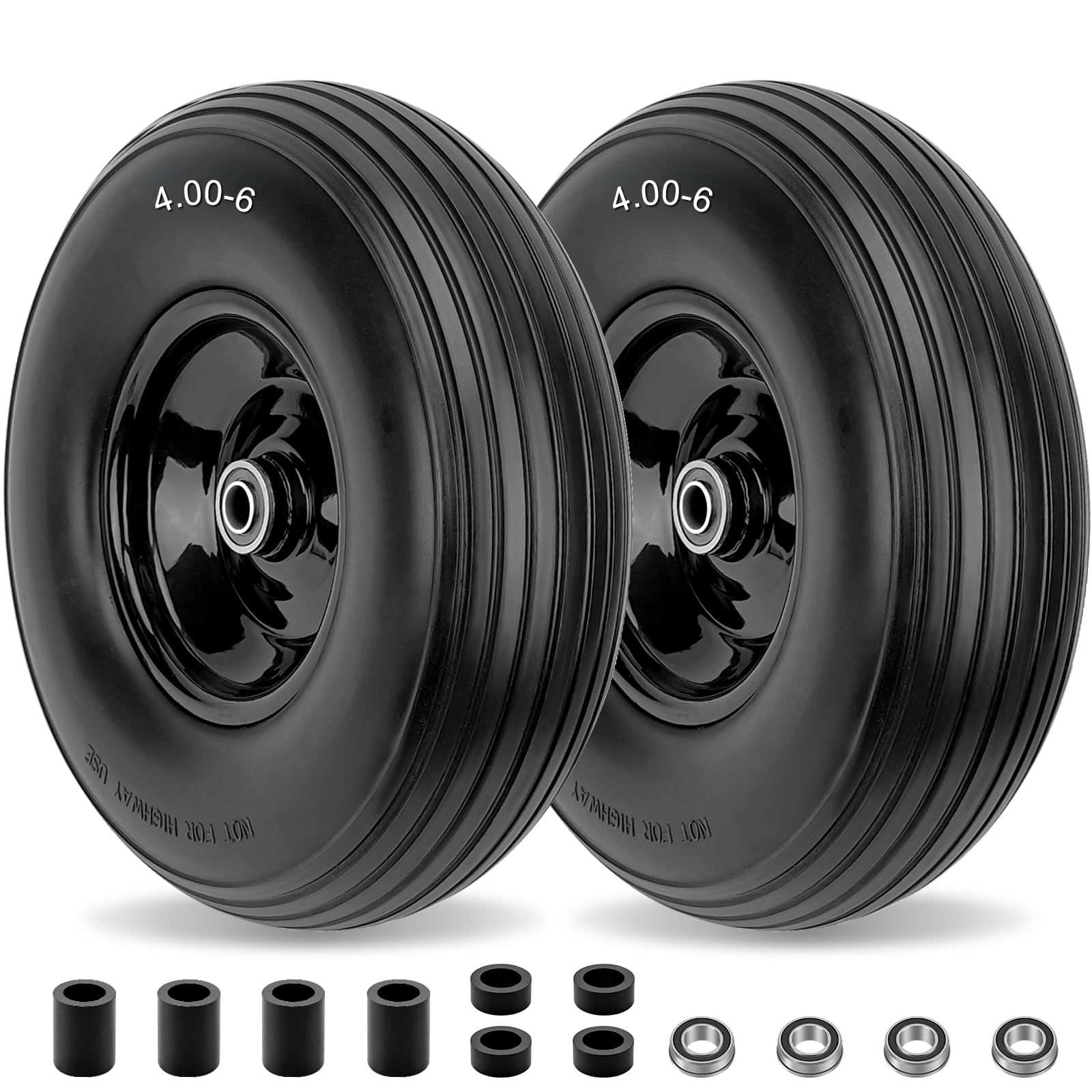 Photo 1 of 4.00-6 Flat-Free Solid Tire and Wheel 13" Wheelbarrow Tire by Cenipar With 3/4" & 5/8" Grease Bushing and 1.75" Centered Hub 4.00-6 tire and wheel for Garden Cart Trolley Hand Truck, 2 PC