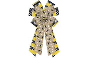 ABTOLS Large Bumble Bee Wreath Bows, Black White Stripe Bows for Wreath Black Dot Wreath Bows Spring Insect Bows for Front Door Yellow Bee Tree Bows for Indoor Outdoor Decor