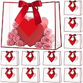 Gilprop 12 Pcs Valentine's Day Heart Clear Gift Bags with Handles Heart Transparent Gift Bags with Ribbons Bulk 12 x 10 x 5 Inches Large Plastic Goodie Reusable Bag for Valentine Galentine Party(Red)