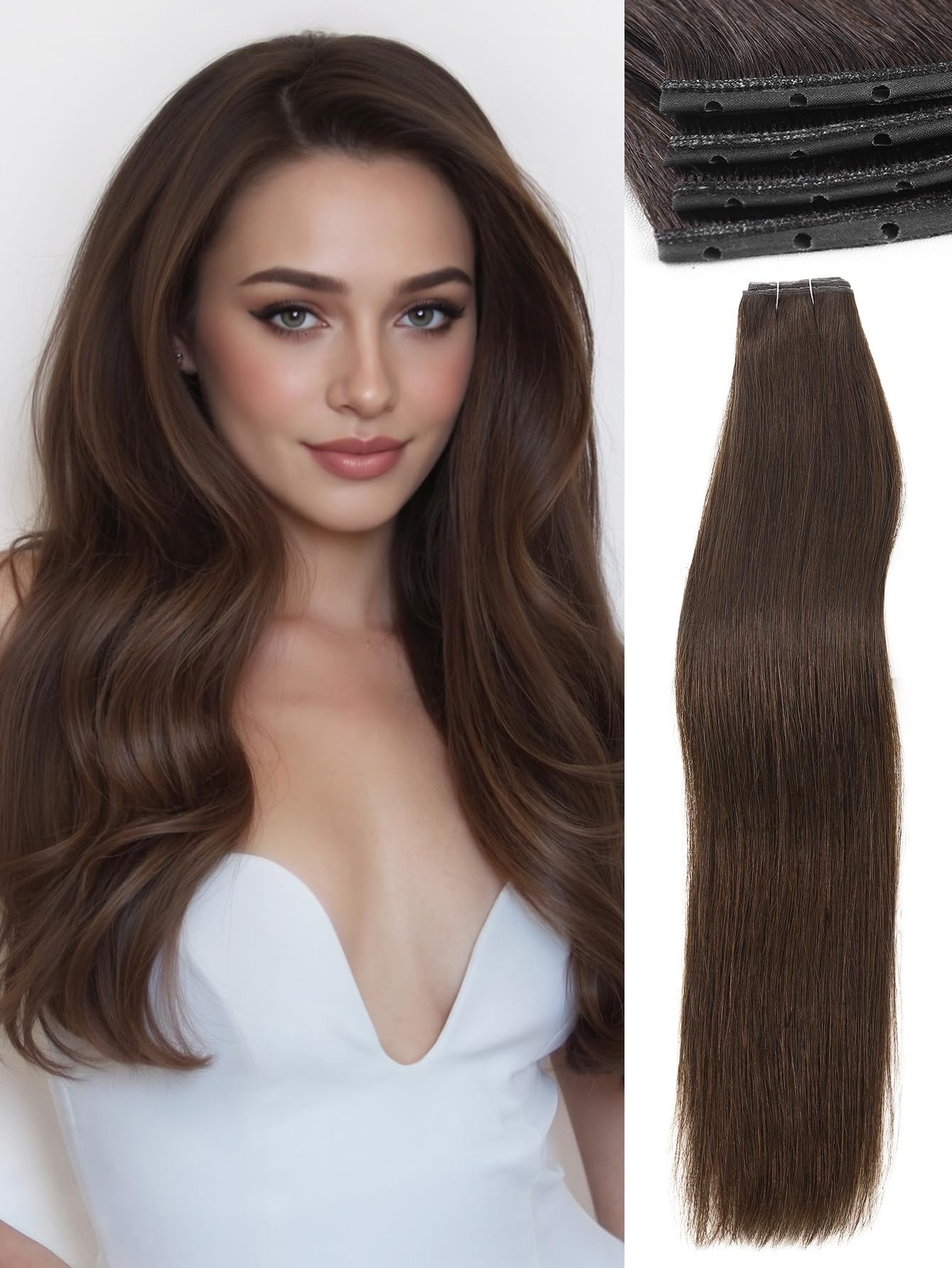 Photo 1 of WIGNEE Double Invisible PU OVO Human Hair Extensions 100% Remy Hair Weft Brown Hair Extensions Human Hair 2 PCS 18 Inch No Glue Genius Micro Bead Real Human Hair Extensions (2)