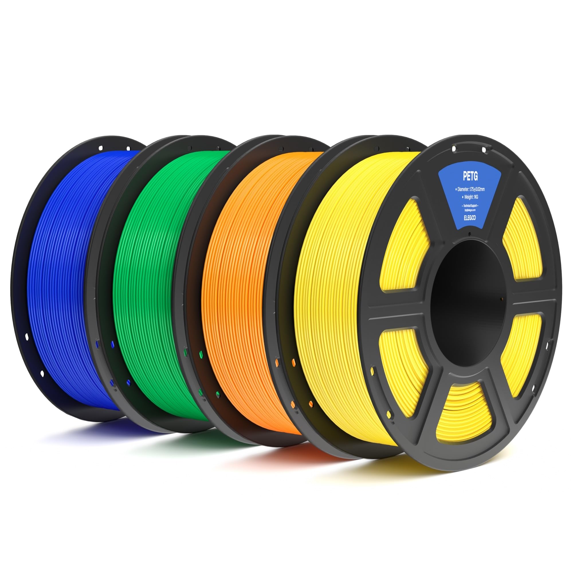 Photo 1 of ***PARTIAL SET, MISSING 2 - PRICE ADJUSTED*** ELEGOO PETG Filament 1.75mm Bundle 4KG, 3D Printer Filament Dimensional Accuracy +/- 0.02 mm, 4pcs 1kg Spool(2.2lbs) Fits for Most FDM 3D Printers(Yellow, Orange, Green, Blue)