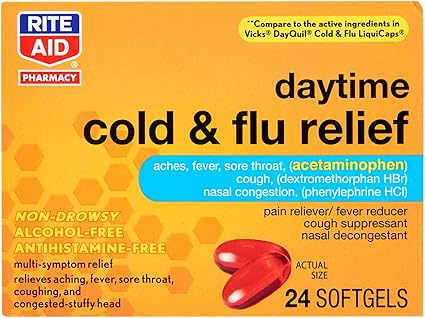 Amazon Com Rite Aid Multi Symptom Daytime Cold Flu Relief Softgels 24 Count Non Drowsy Alcohol Free Cold Medicine Antihistamine Free Cold And Flu Medicine Sinus Medicine For Adults Health