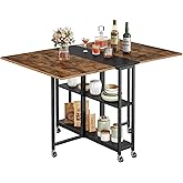 CHOEZON Folding Dining Table, Movable Dining Table, Expandable Kitchen Table, Versatile Table with 6 Wheels and 2-Tier Shelf,